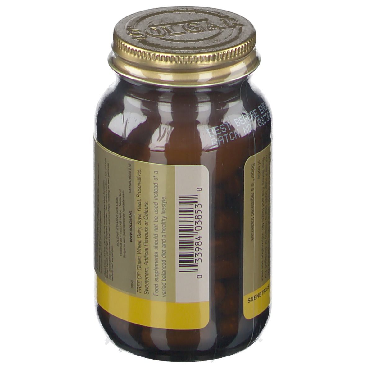 Flacone di vetro marrone con tappo dorato. Etichetta con informazioni. Marchio Solgar. Vista posteriore.