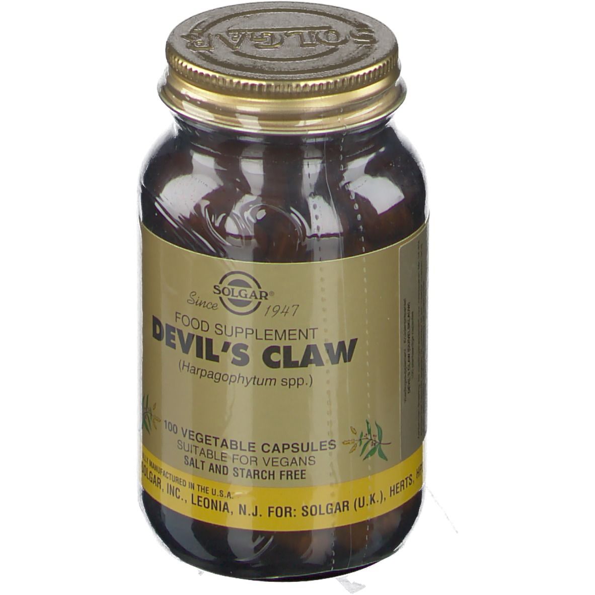 Flacone di vetro marrone con tappo dorato. Etichetta "Devil's Claw" e "100 vegetable capsules". Marchio Solgar.