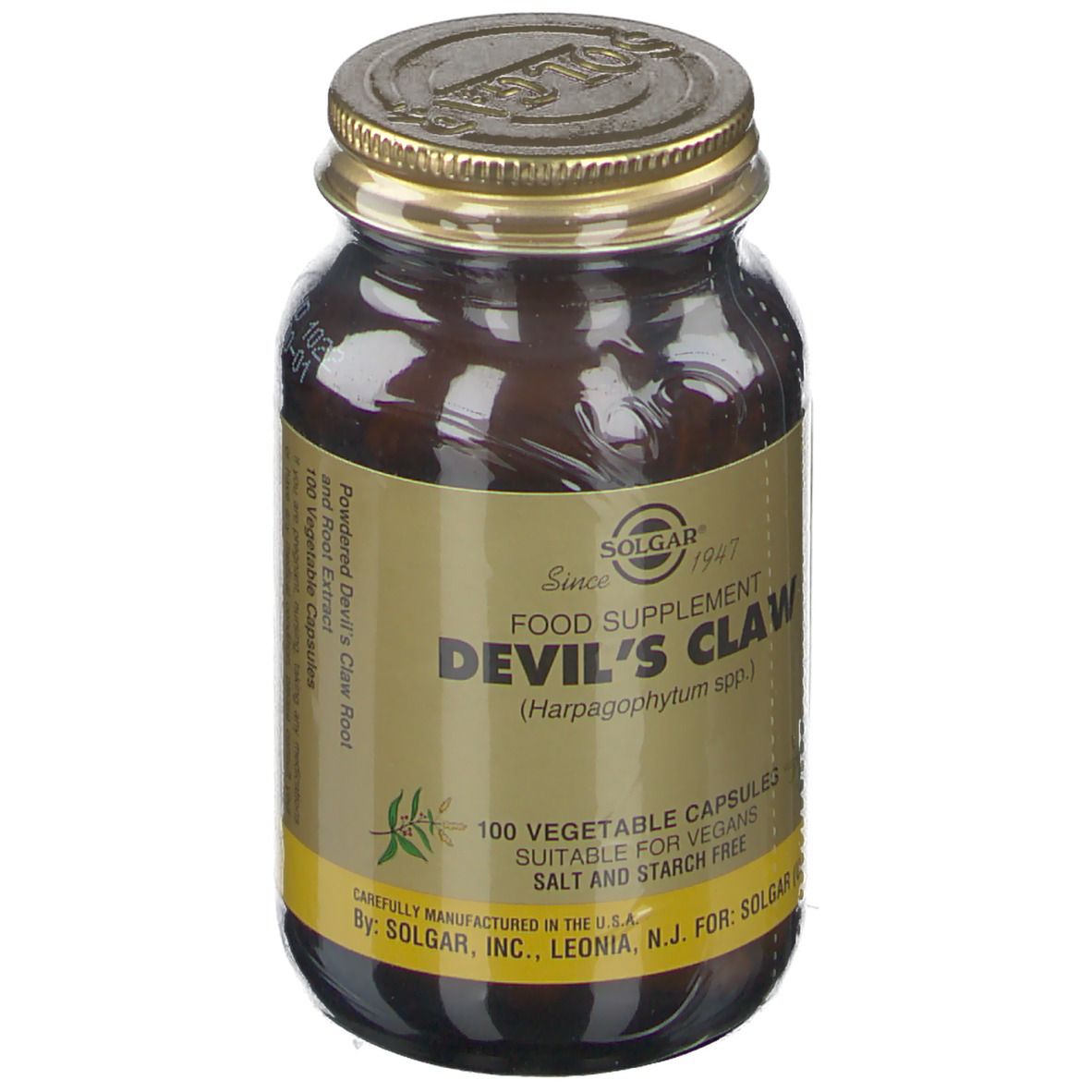 Flacone di vetro marrone con tappo dorato. Etichetta "Devil's Claw" e "100 vegetable capsules". Marchio Solgar.