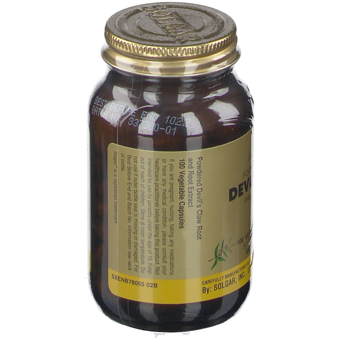 Flacone di vetro marrone con tappo dorato. Etichetta con informazioni. Marchio Solgar. Vista posteriore.