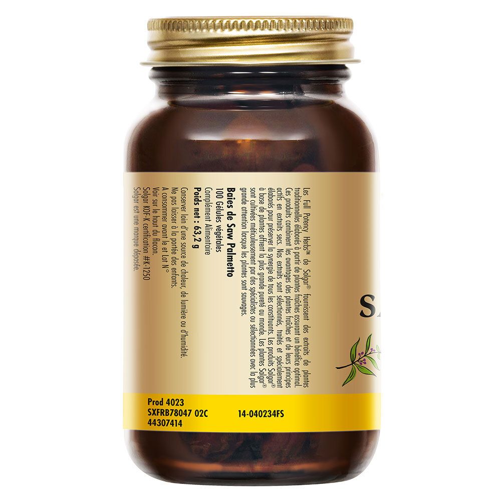 Retro del flacone. Testo: Boîte de Saw Palmetto, 100 capsule vegetali. Informazioni sul prodotto e produttore.