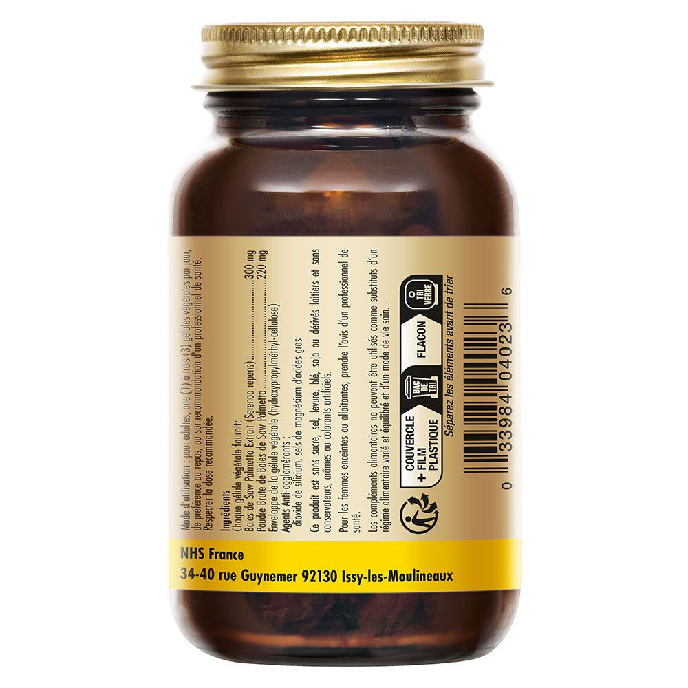 Retro del flacone. Testo: Ingredienti, raccomandazioni di dosaggio. Indirizzo del produttore: NHS France.