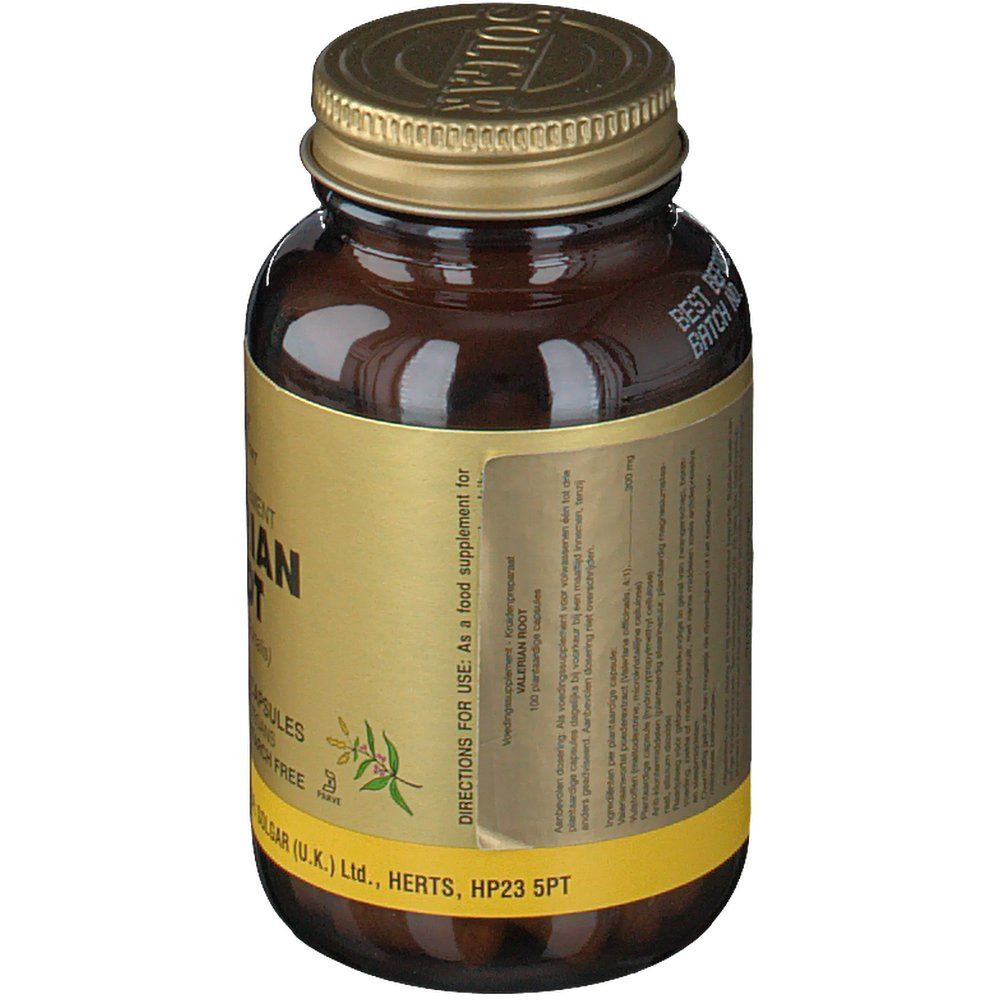 Flacone di vetro marrone con tappo dorato. Scritta: SOLGAR. Retro con informazioni e ingredienti.