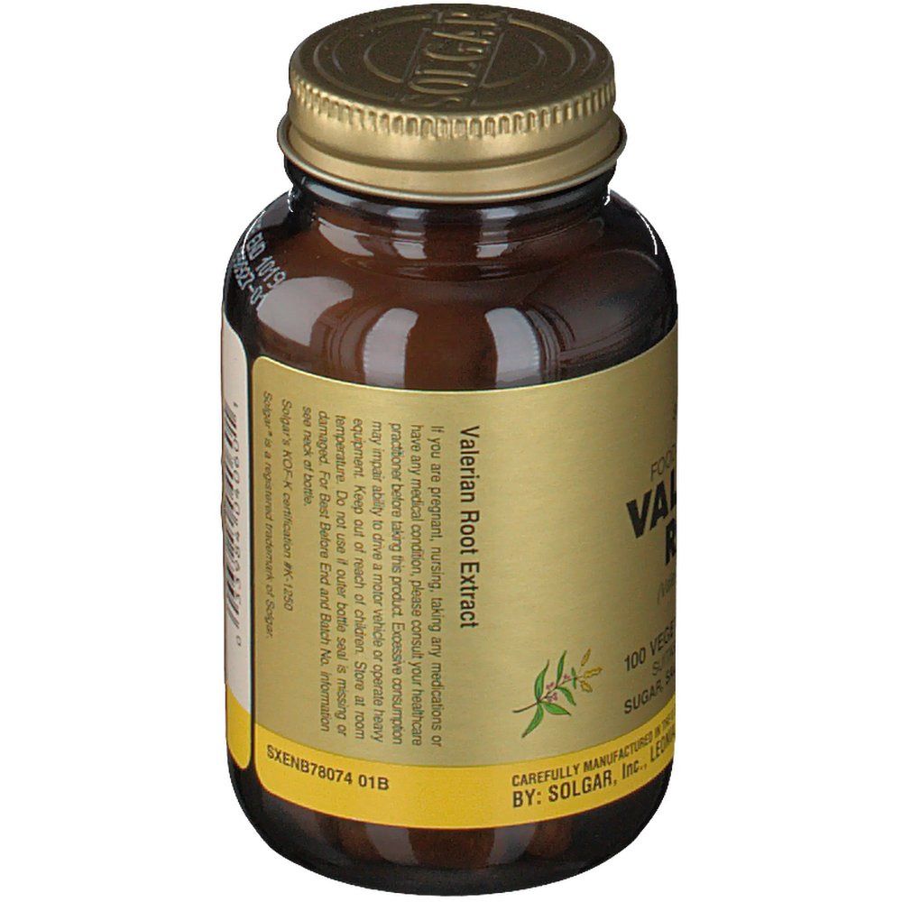 Flacone di vetro marrone con tappo dorato. Scritta: Valerian Root Extract. Retro con informazioni.