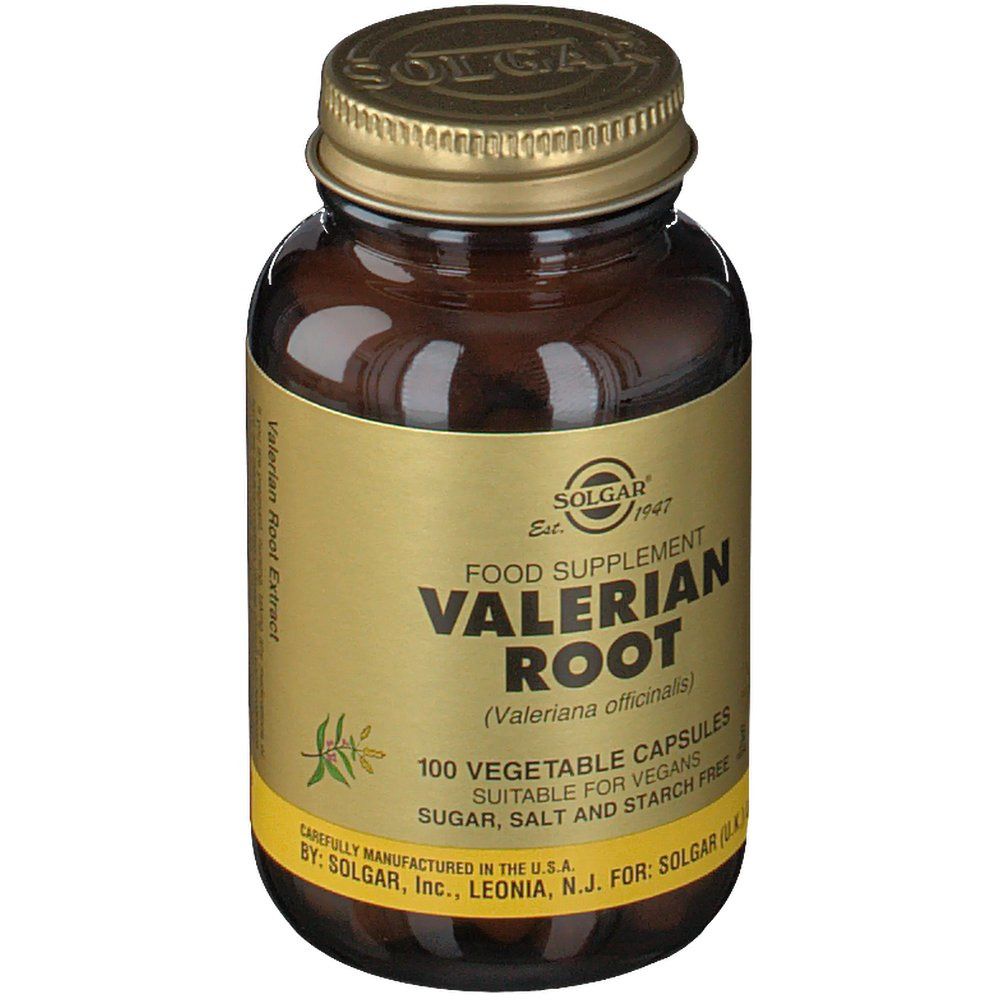 Flacone di vetro marrone con tappo dorato. Scritta: SOLGAR, Valerian Root, 100 capsule. Adatto ai vegani.