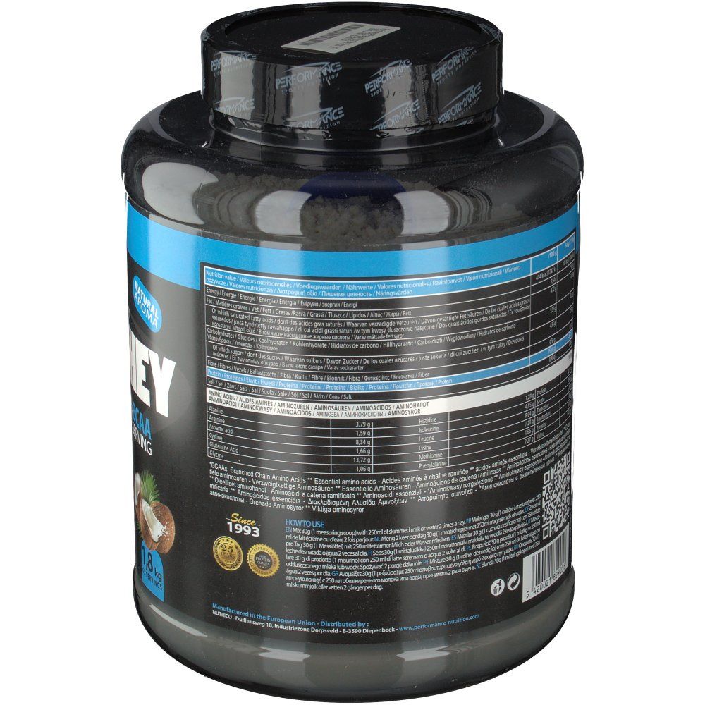 Retro del barattolo nero con fascia blu. Testo con informazioni nutrizionali e ingredienti.