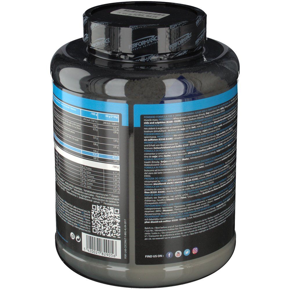 Retro del barattolo nero con fascia blu. Testo con informazioni nutrizionali e ingredienti.