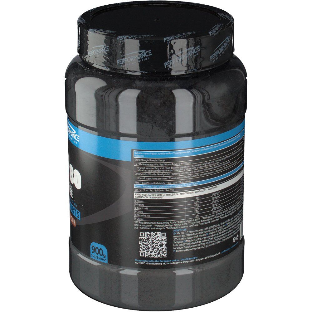 Barattolo nero, retro con informazioni nutrizionali e codice QR. Scritta blu e bianca. Contiene informazioni su ingredienti e valori nutrizionali.