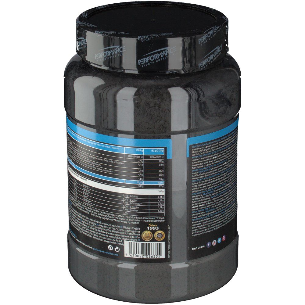 Barattolo nero, retro con informazioni nutrizionali. Scritta blu e bianca. Contiene informazioni su ingredienti e valori nutrizionali. Con marchi di qualità.