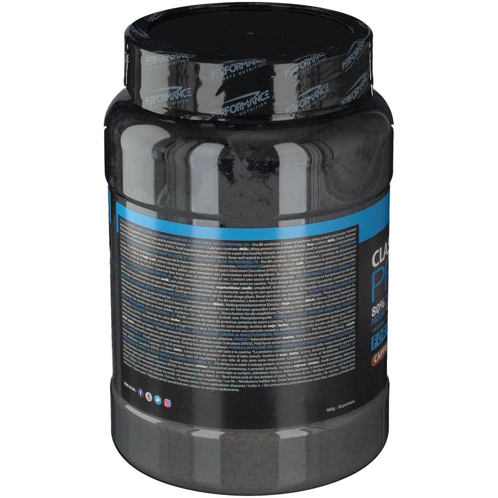 Barattolo nero, retro con testo. Scritta blu e bianca. Contiene informazioni su ingredienti e valori nutrizionali. Con marchi di qualità.