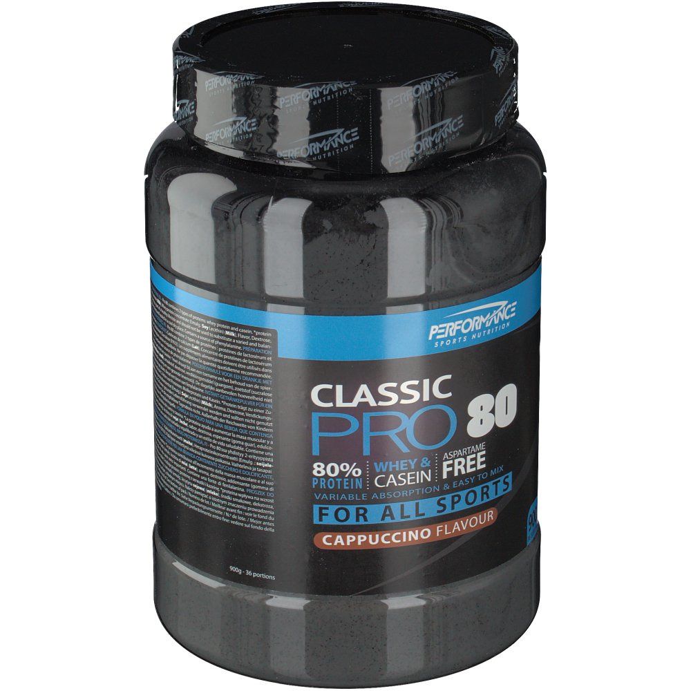 Barattolo nero con fascia blu. Scritta: Classic Pro 80, gusto cappuccino. Contiene 80% siero e caseina, senza aspartame. Per tutti gli sport.