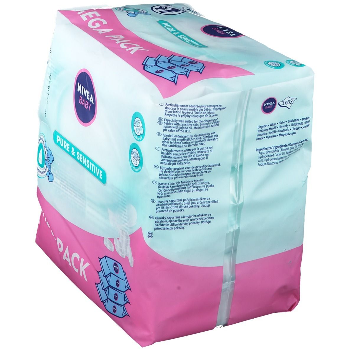 NIVEA Baby Pure & Sensitive Mega Pack. Confezione rosa e bianca. Scritte: Baby, Pure & Sensitive. Testo sul retro.