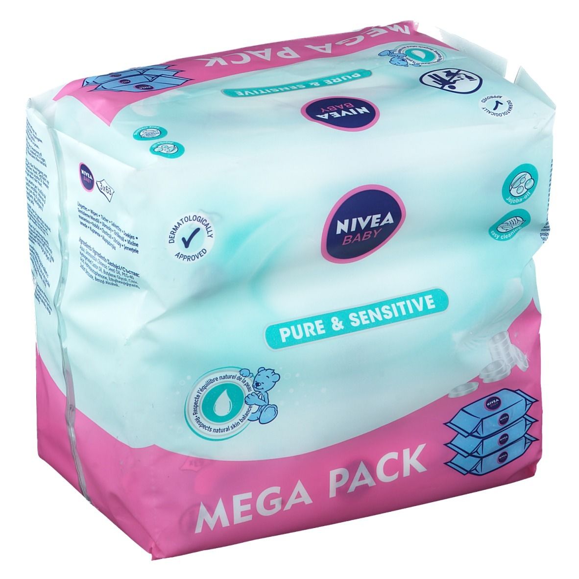 NIVEA Baby Pure & Sensitive Mega Pack. Confezione rosa e bianca. Scritte: Baby, Pure & Sensitive, dermatologicamente testato.