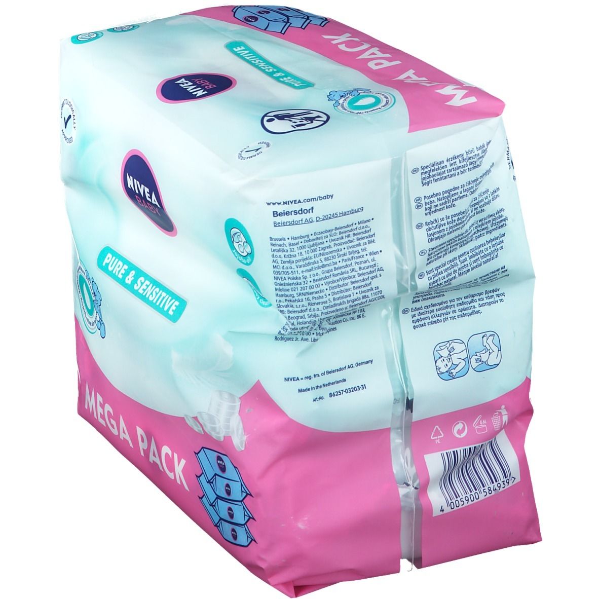 NIVEA Baby Pure & Sensitive Mega Pack. Confezione rosa e bianca. Scritte: Baby, Pure & Sensitive. Testo sul retro.