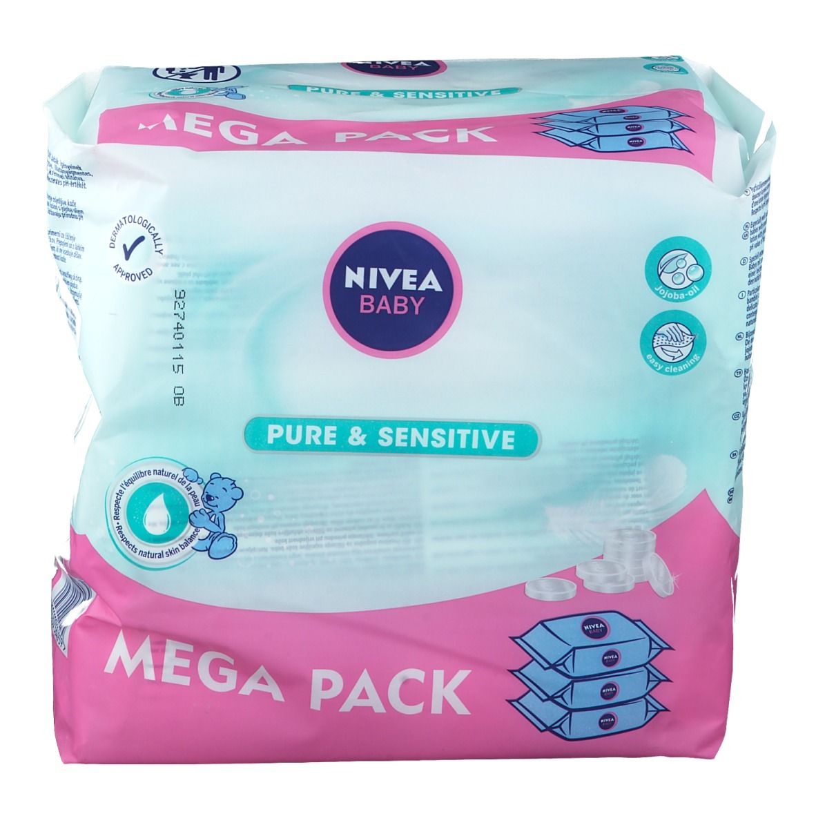 NIVEA Baby Pure & Sensitive Mega Pack. Confezione rosa e bianca. Scritte: Baby, Pure & Sensitive, dermatologicamente testato.
