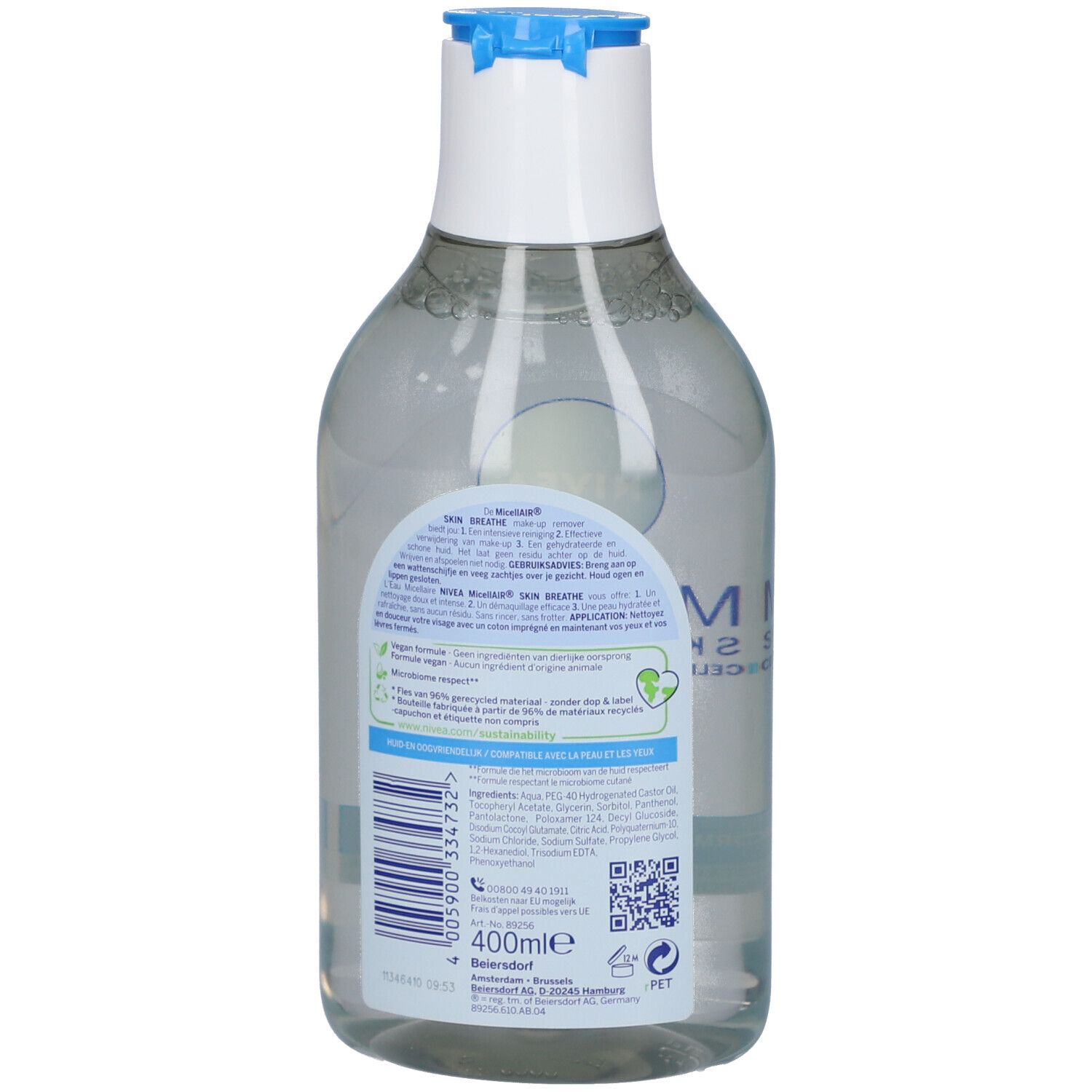 Retro di un flacone di acqua micellare NIVEA MicellAIR con ingredienti e istruzioni per l'uso.