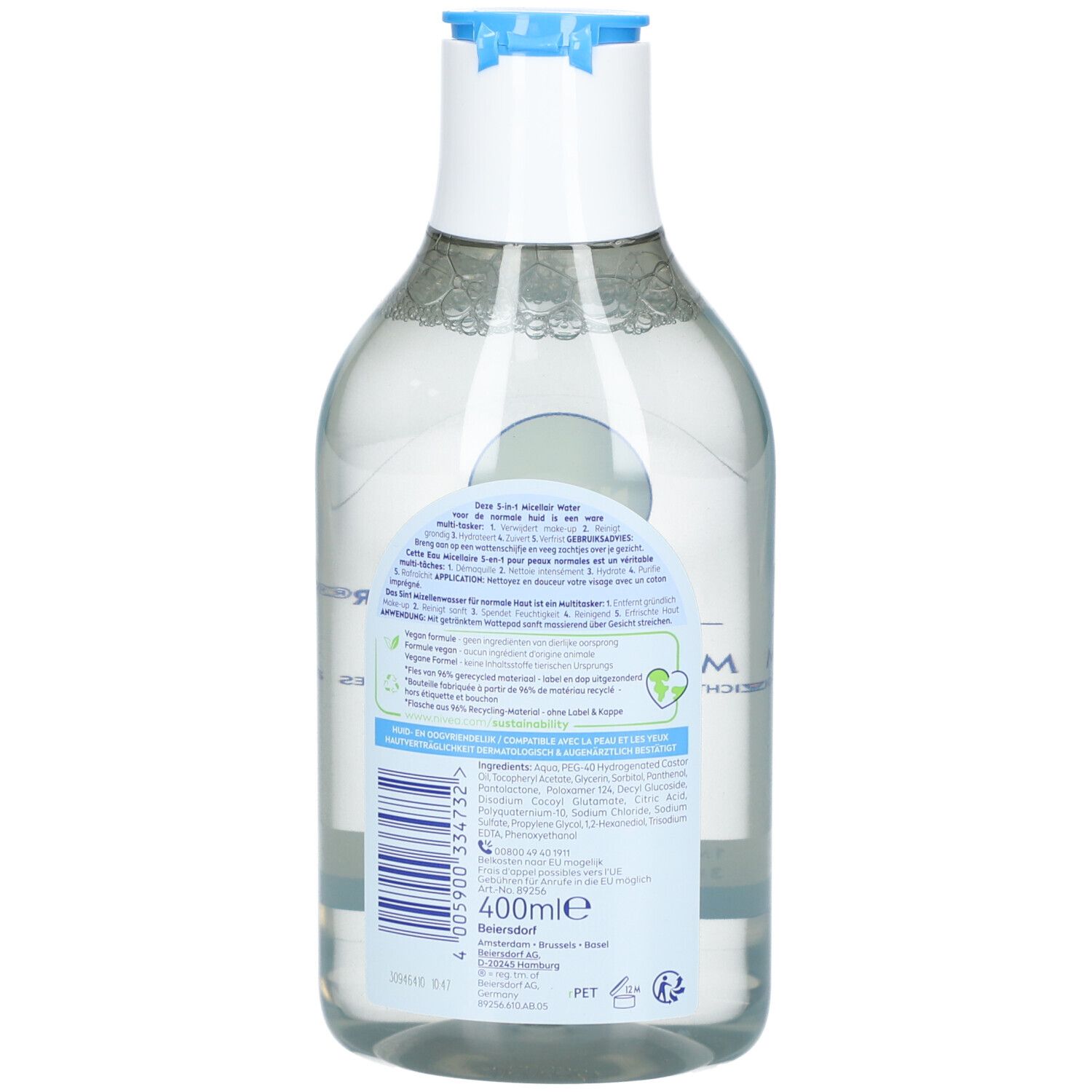 Retro di un flacone di acqua micellare NIVEA MicellAIR con codice a barre e indicazione del volume 400ml.