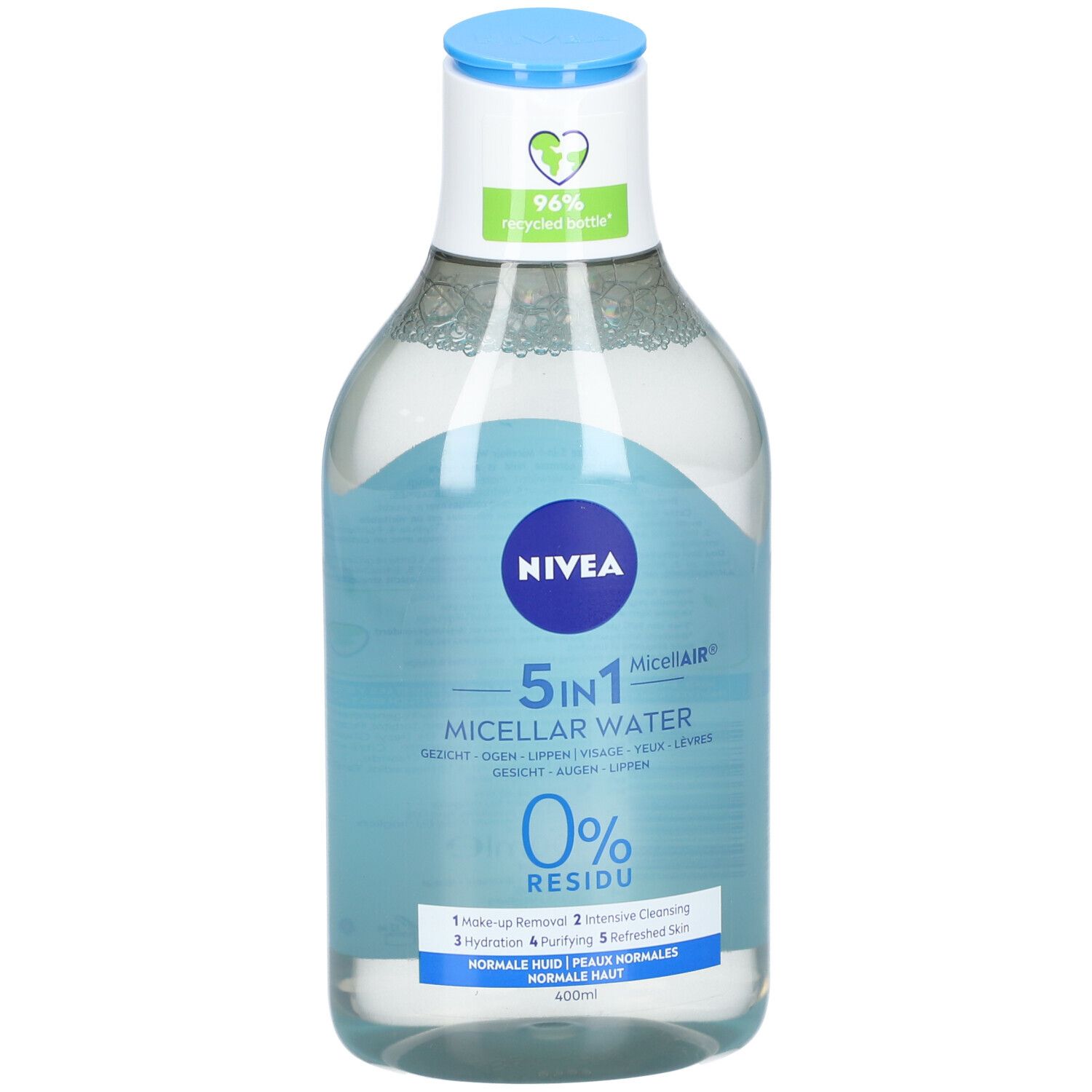 Flacone di acqua micellare NIVEA MicellAIR, 5in1, 0% residui, per pelli normali, 400ml.
