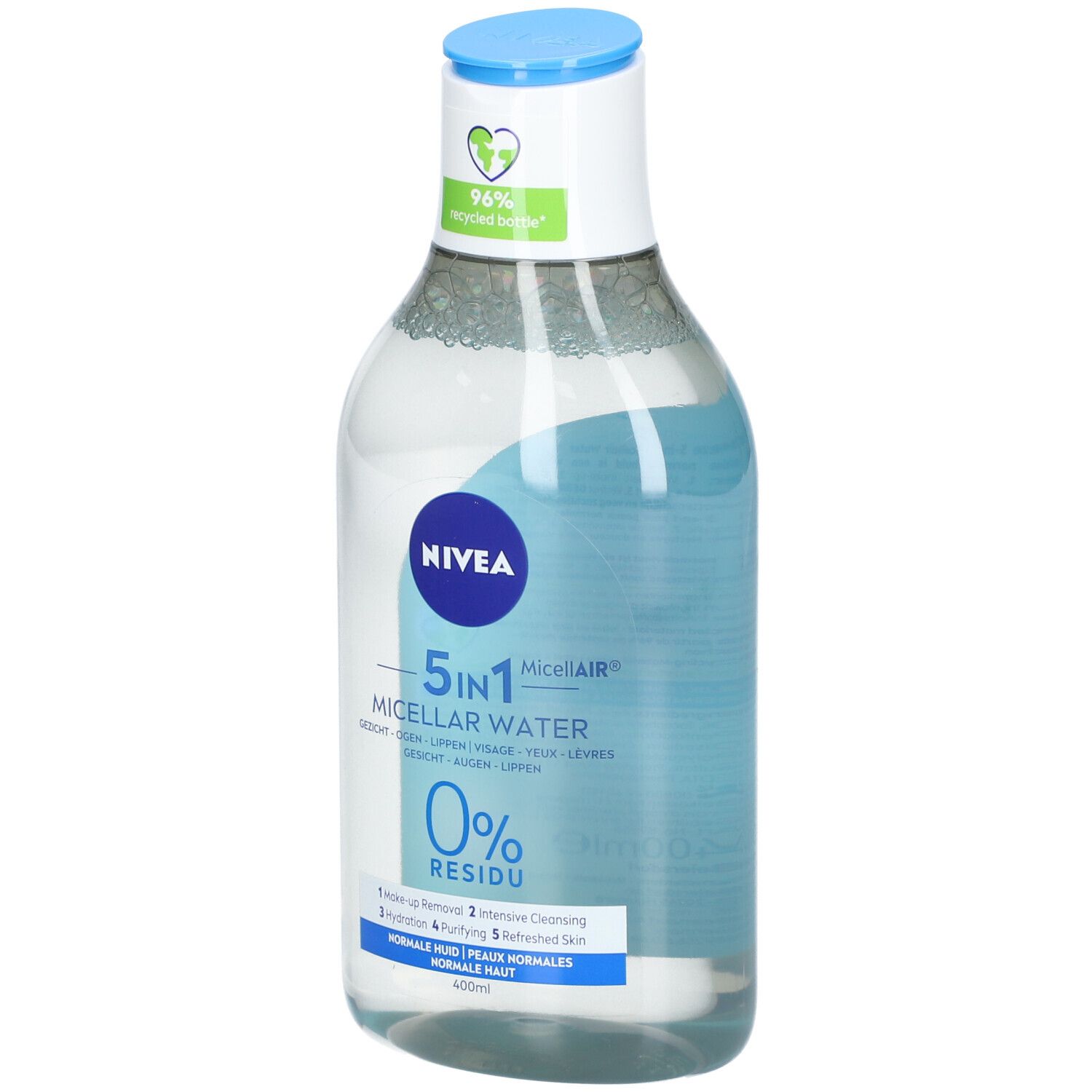 Flacone di acqua micellare NIVEA MicellAIR, 5in1, 0% residui, per pelli normali, 400ml.