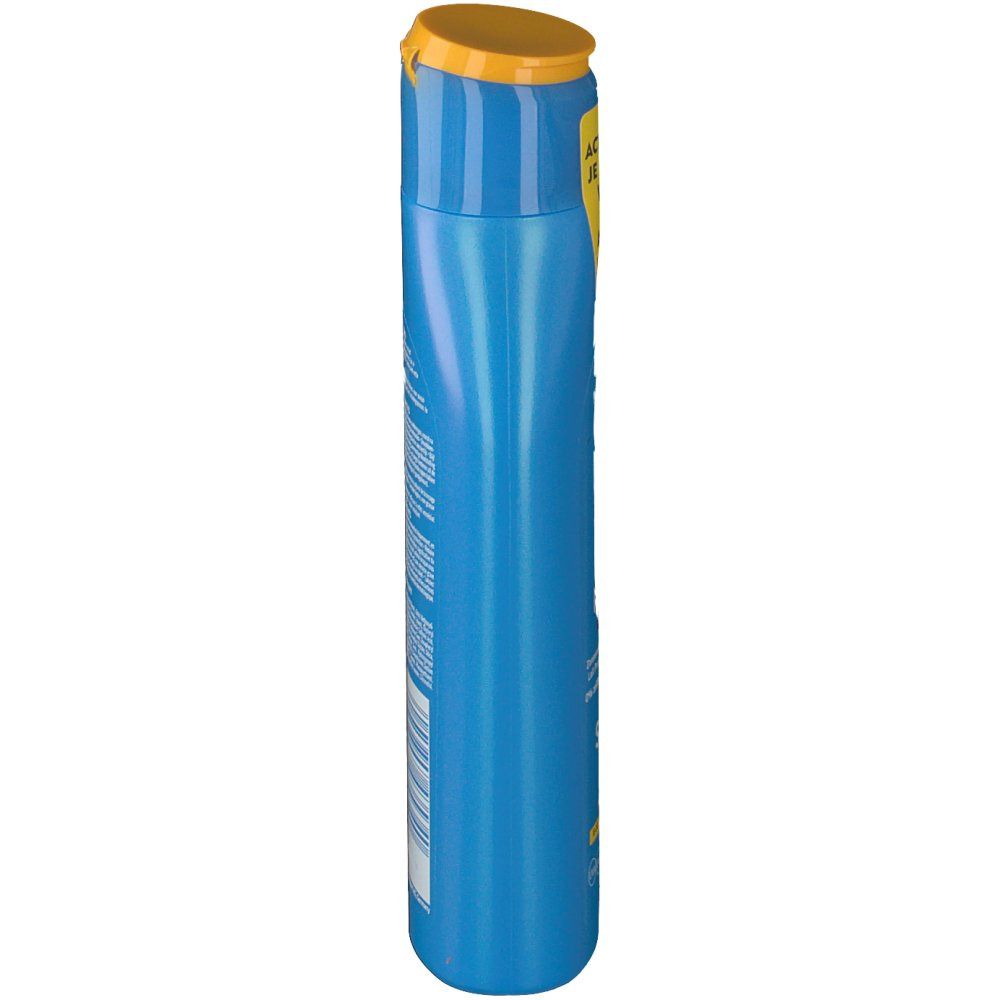 Flacone blu Nivea Sun Protect & Bronze SPF50. Tappo giallo, etichetta gialla con testo. Vista laterale.