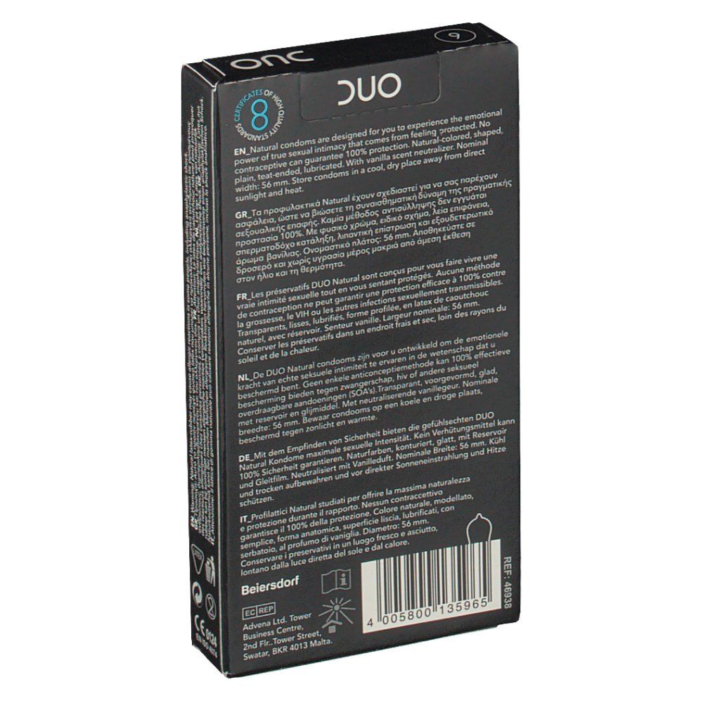 Retro della scatola nera. Testo multilingue. "DUO" e motivo cerchio blu.