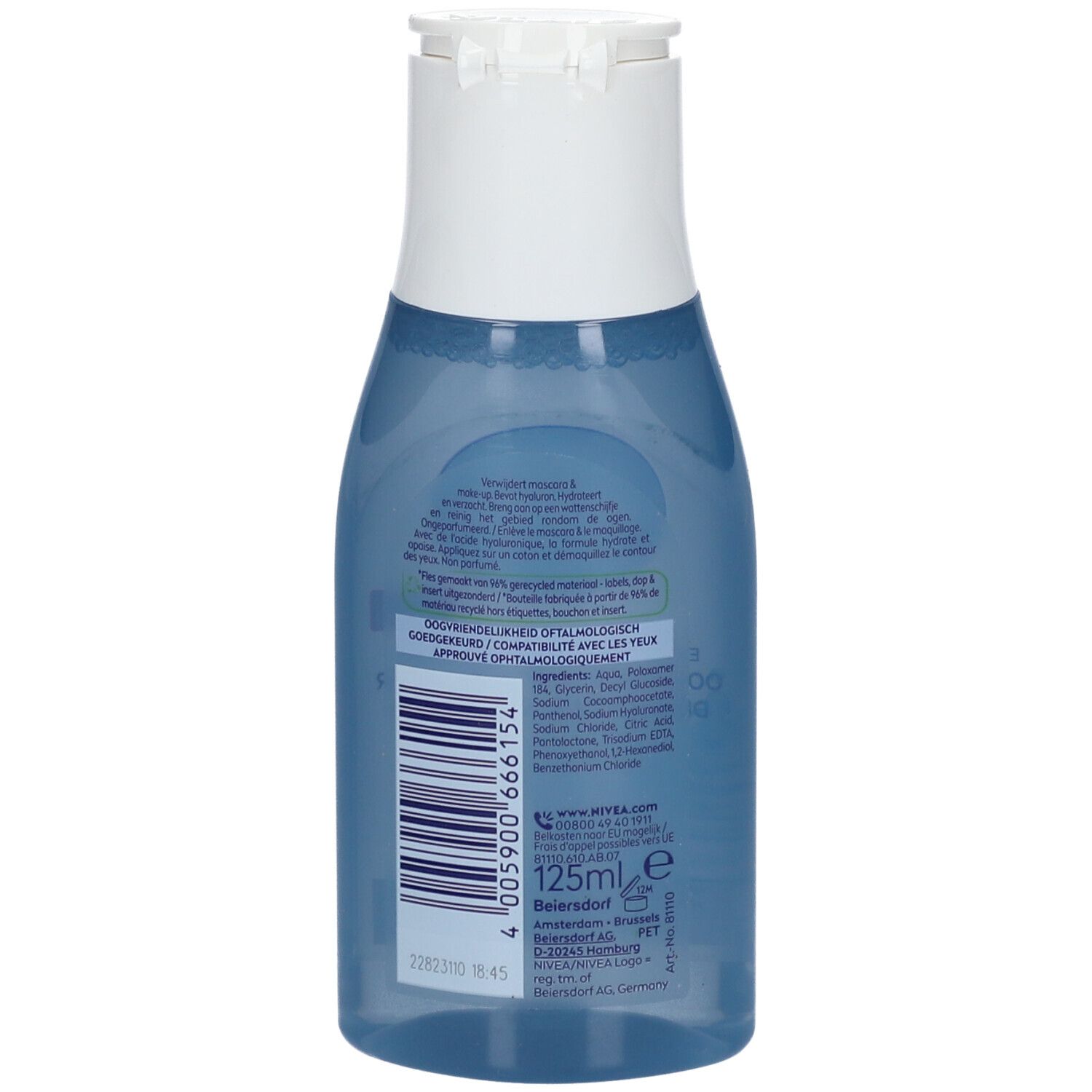 Struccante Occhi NIVEA Extra Delicato, retro con ingredienti e codice a barre.