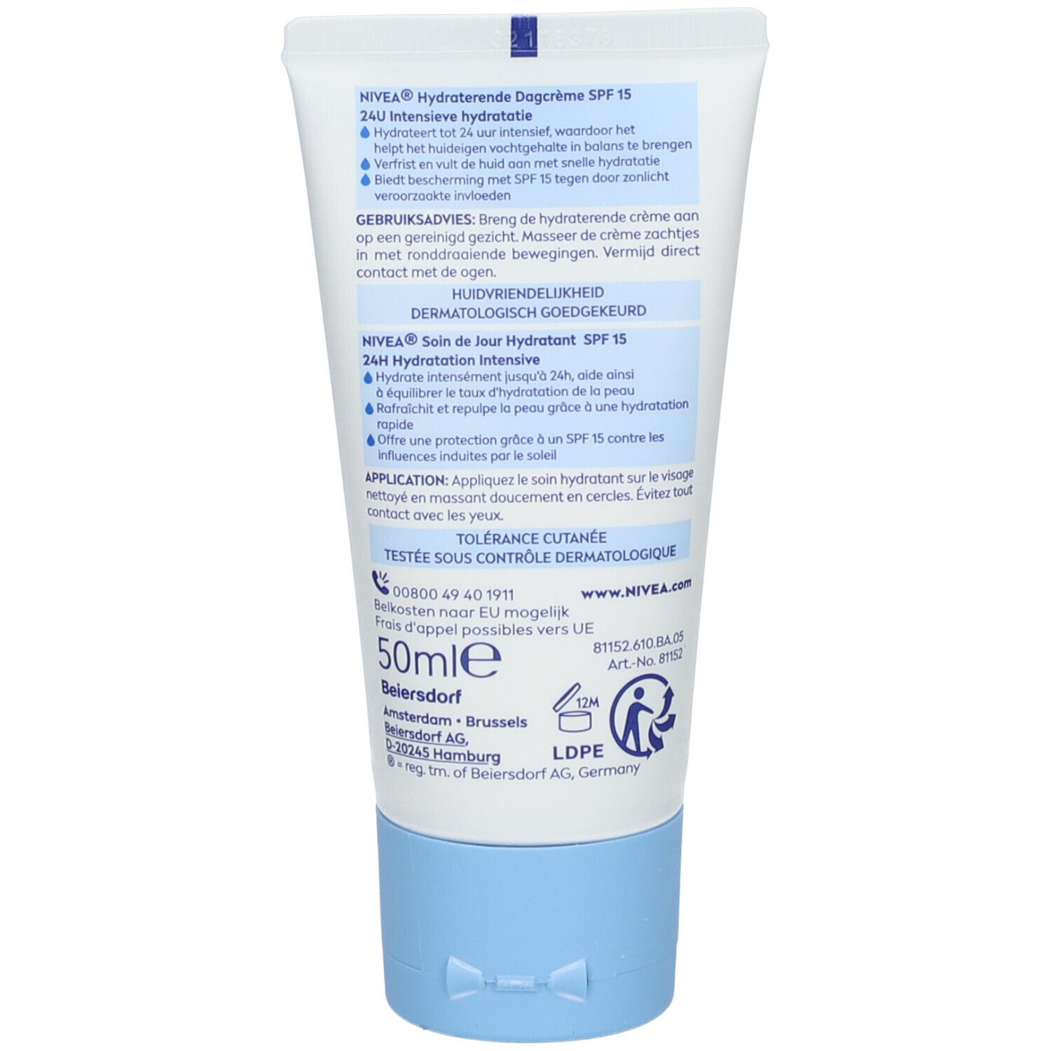 Retro di un tubo di crema da giorno NIVEA con istruzioni e ingredienti.