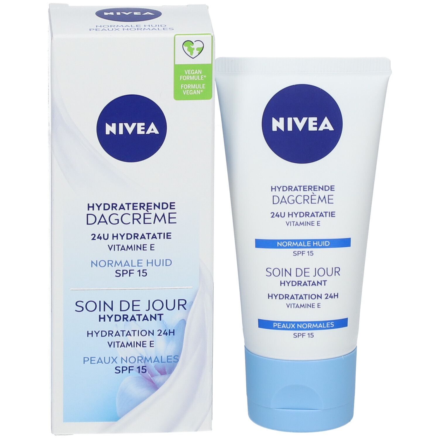 Scatola pieghevole e tubo di crema da giorno NIVEA. Con sigillo per formula vegana.