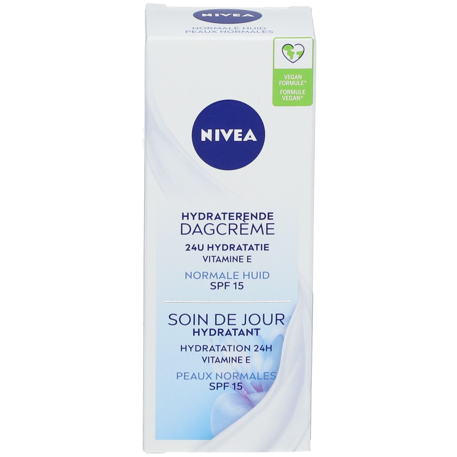 Scatola pieghevole NIVEA crema da giorno con tappo blu e sigillo formula vegana.