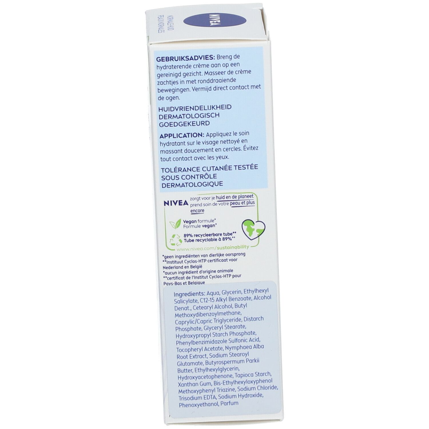 Scatola pieghevole NIVEA crema da giorno con tappo blu. Contiene aloe vera, acido ialuronico, SPF 15.