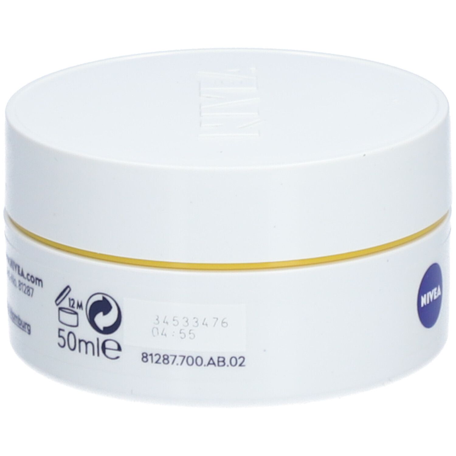 Retro di un barattolo bianco NIVEA Q10 Power, con indicazione 50ml e simboli di riciclo.