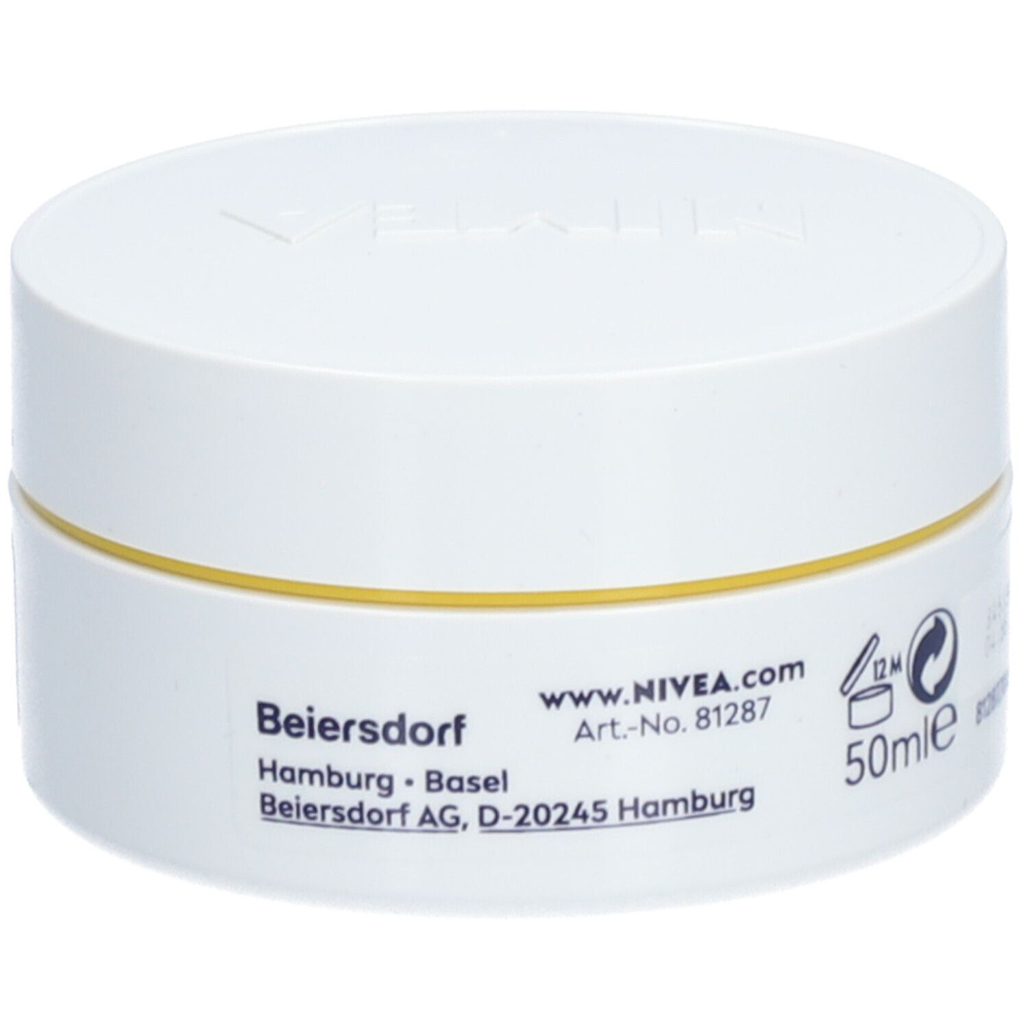 Lato di un barattolo bianco NIVEA Q10 Power con dati produttore e indicazione 50ml.