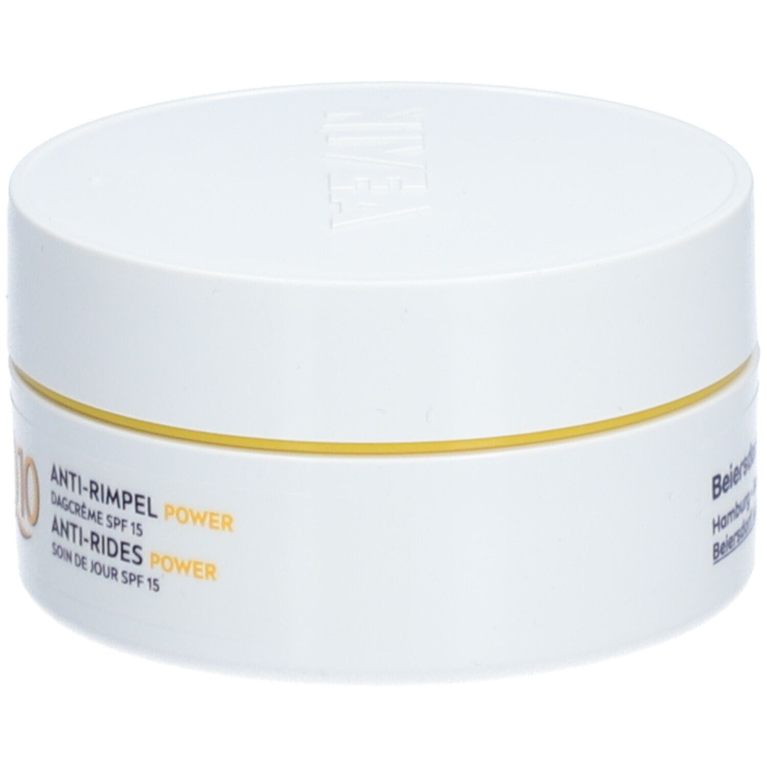 NIVEA Q10 Power Crema giorno anti-rughe SPF15, barattolo bianco con anello giallo e scritte.