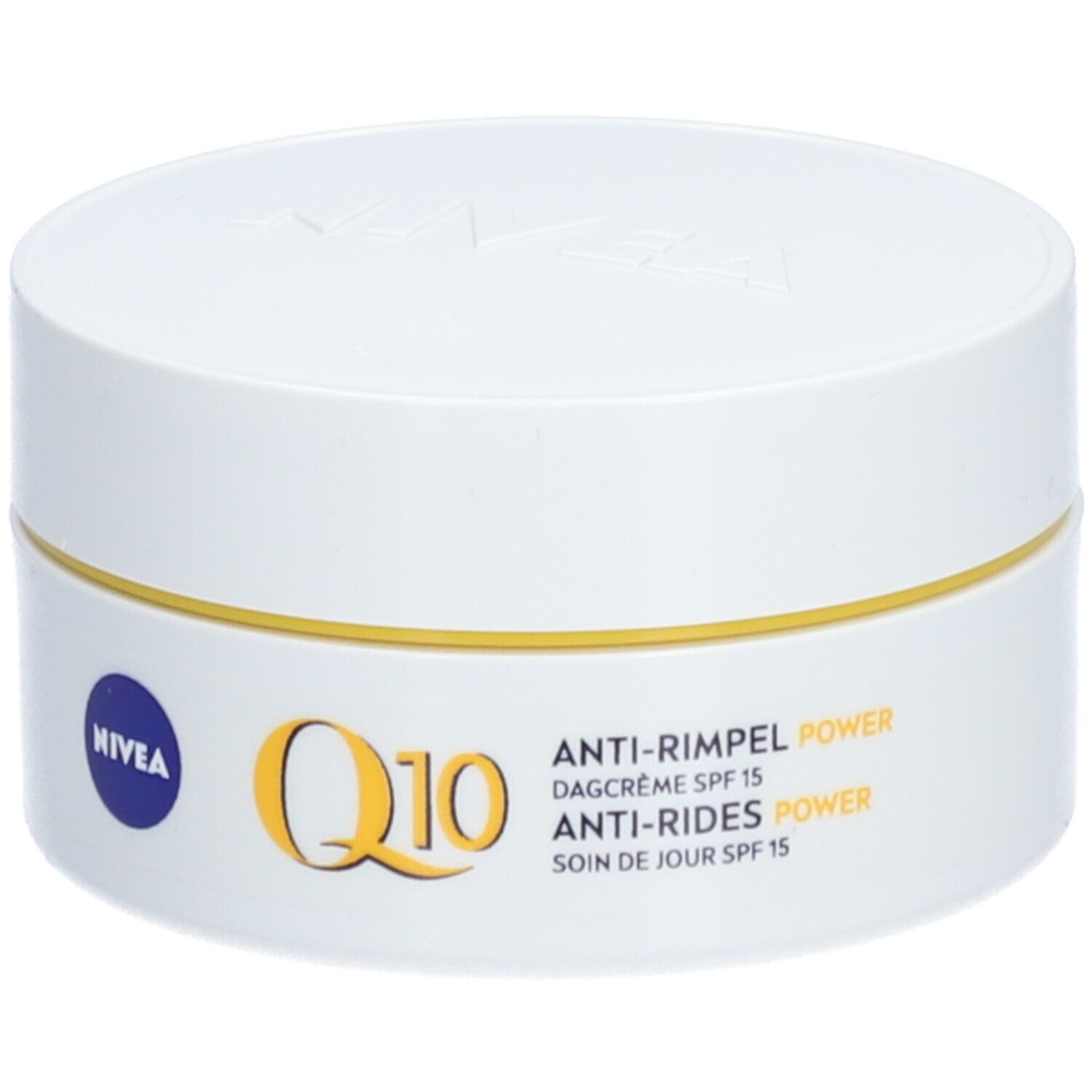 NIVEA Q10 Power Crema giorno anti-rughe SPF15, barattolo bianco con anello giallo e scritte.