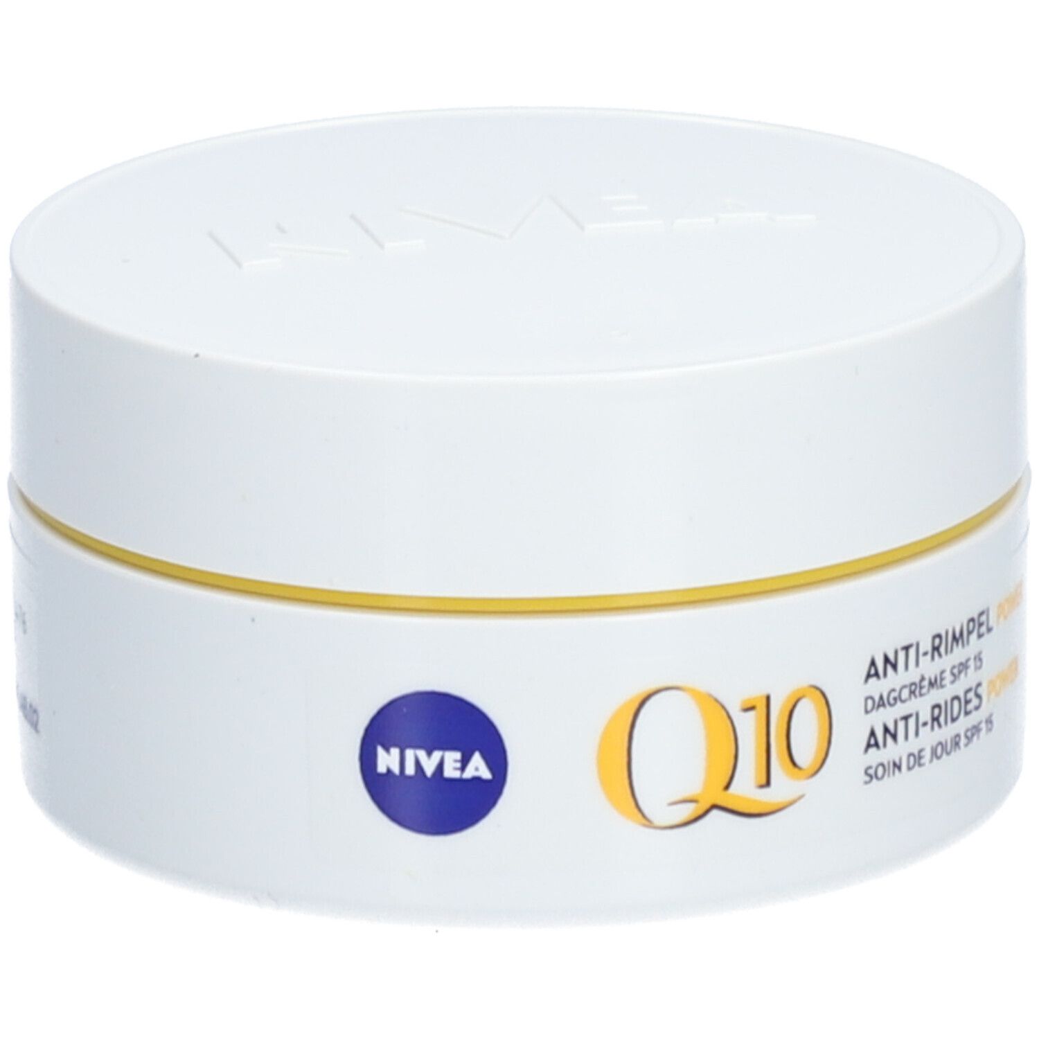 NIVEA Q10 Power Crema giorno anti-rughe SPF15, barattolo bianco con anello giallo e scritte.