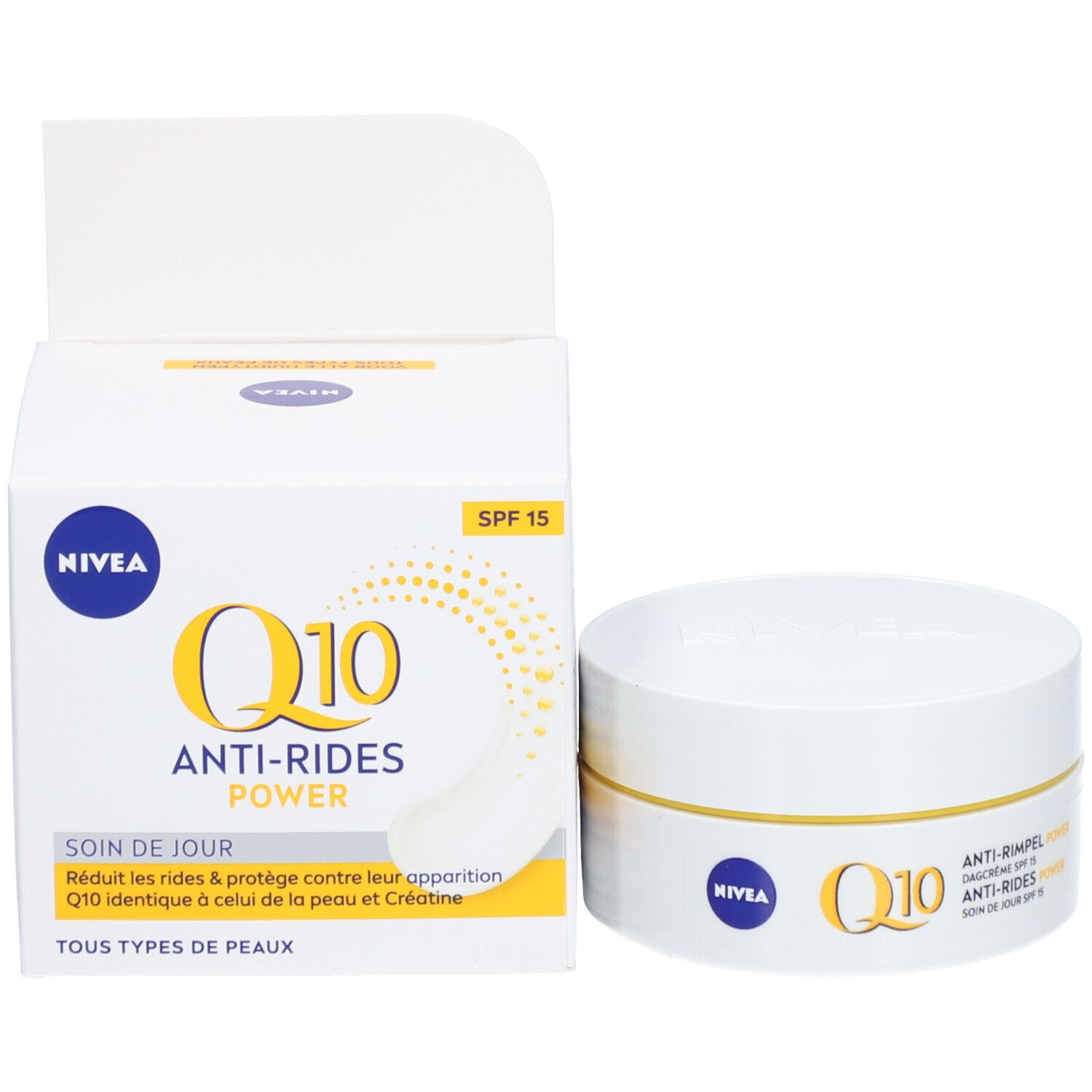 Confezione NIVEA Q10 Power Crema giorno anti-rughe SPF15, 50ml, con 'Nuova Formula' e '7 giorni'.