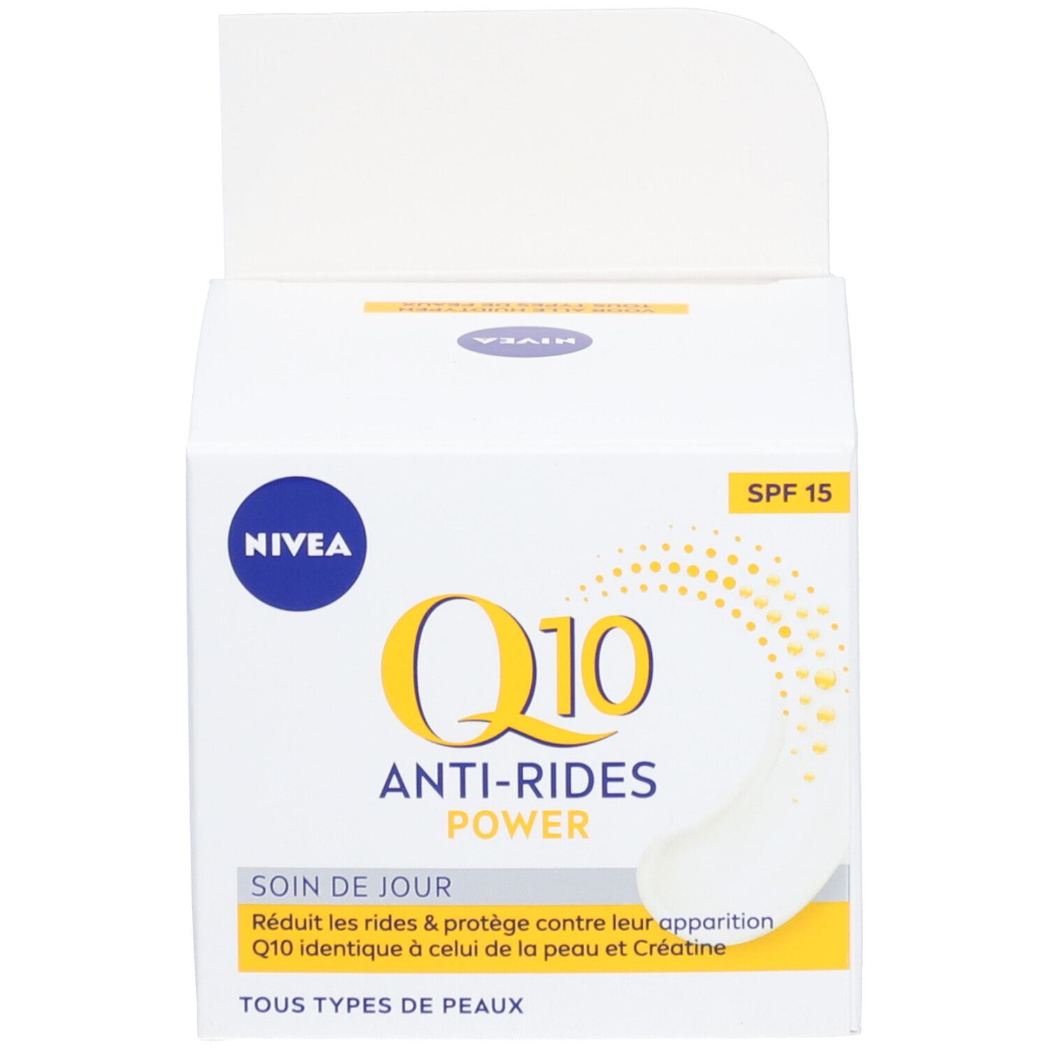 NIVEA Q10 Power Crema giorno anti-rughe SPF15, barattolo bianco con anello giallo e scritte.