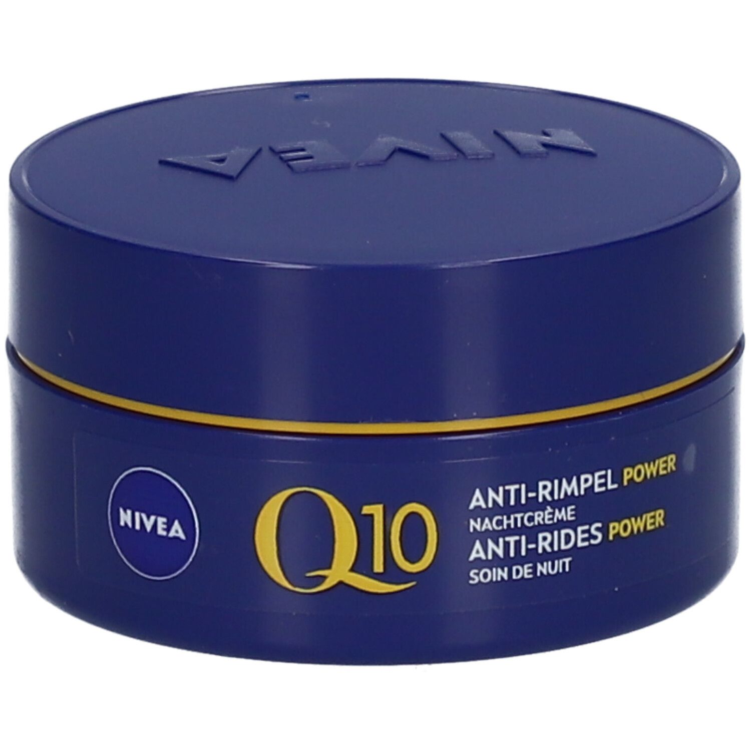 NIVEA Q10 POWER Crema notte antirughe con scatola aperta. La scatola mostra 'Crema notte rigenerante'.
