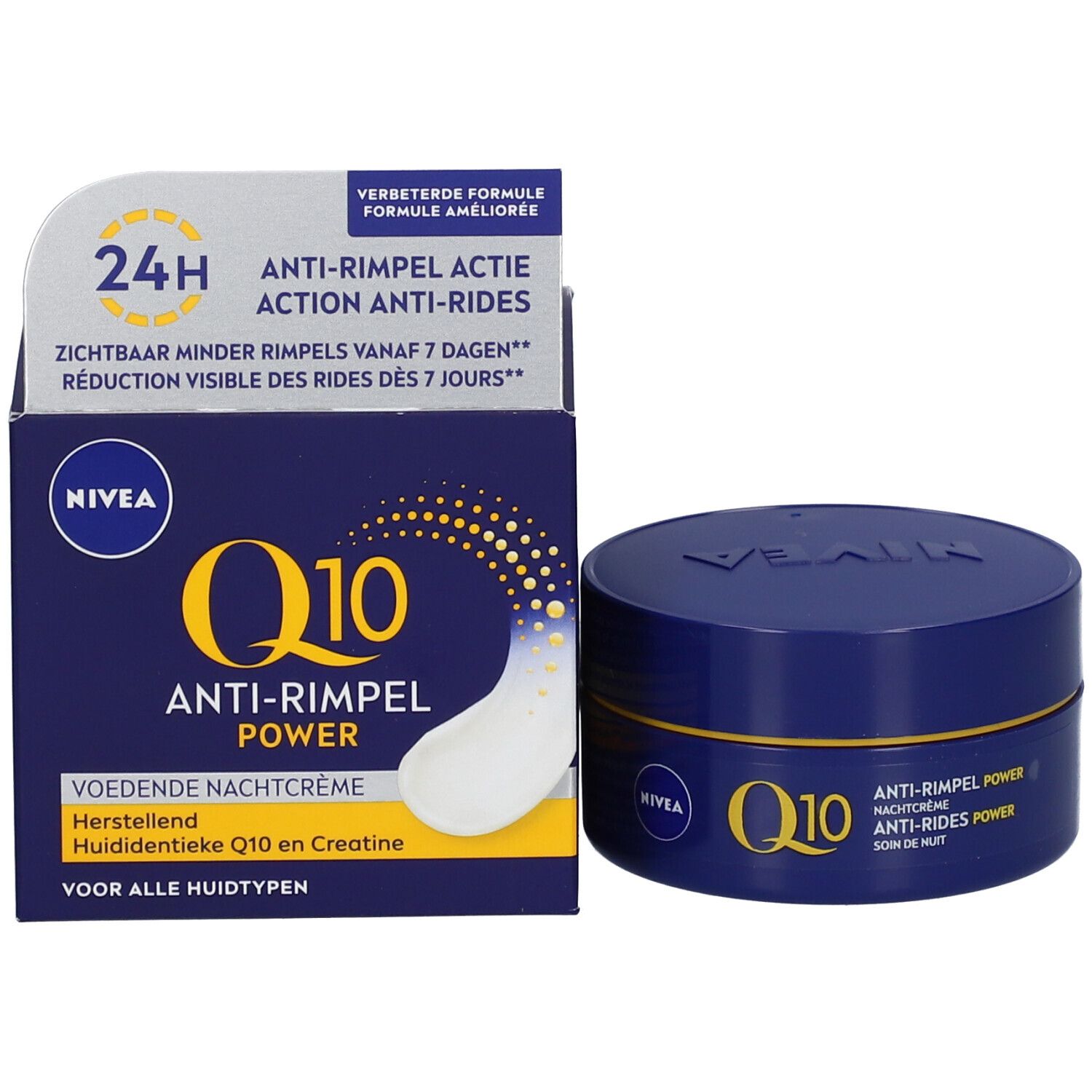 NIVEA Q10 POWER Crema notte antirughe con scatola aperta. La scatola mostra 'Q10 e Creatina riparatori'.