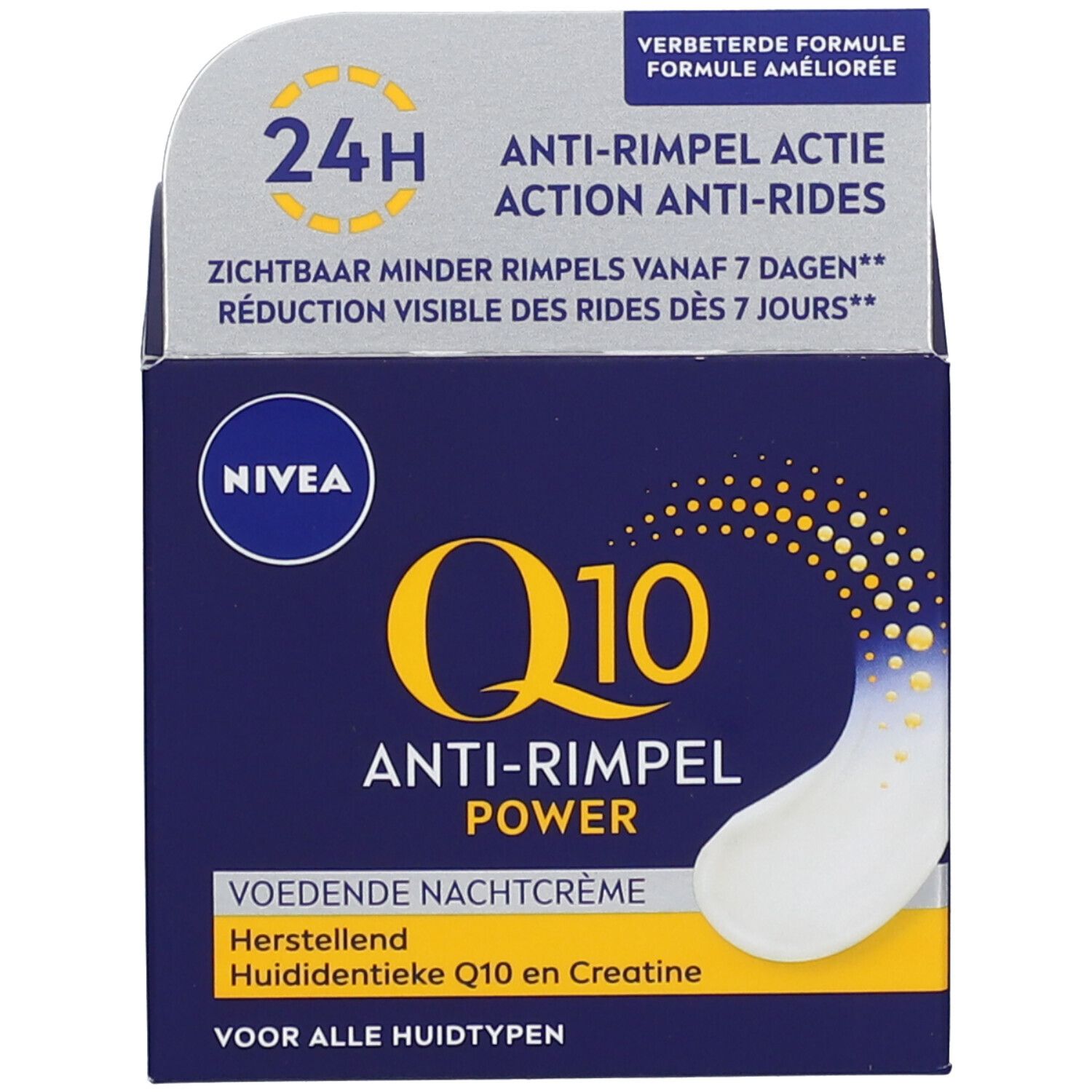 NIVEA Q10 POWER Crema notte antirughe con scatola aperta. La scatola mostra 'Q10 + Creatina + Glycostop'.