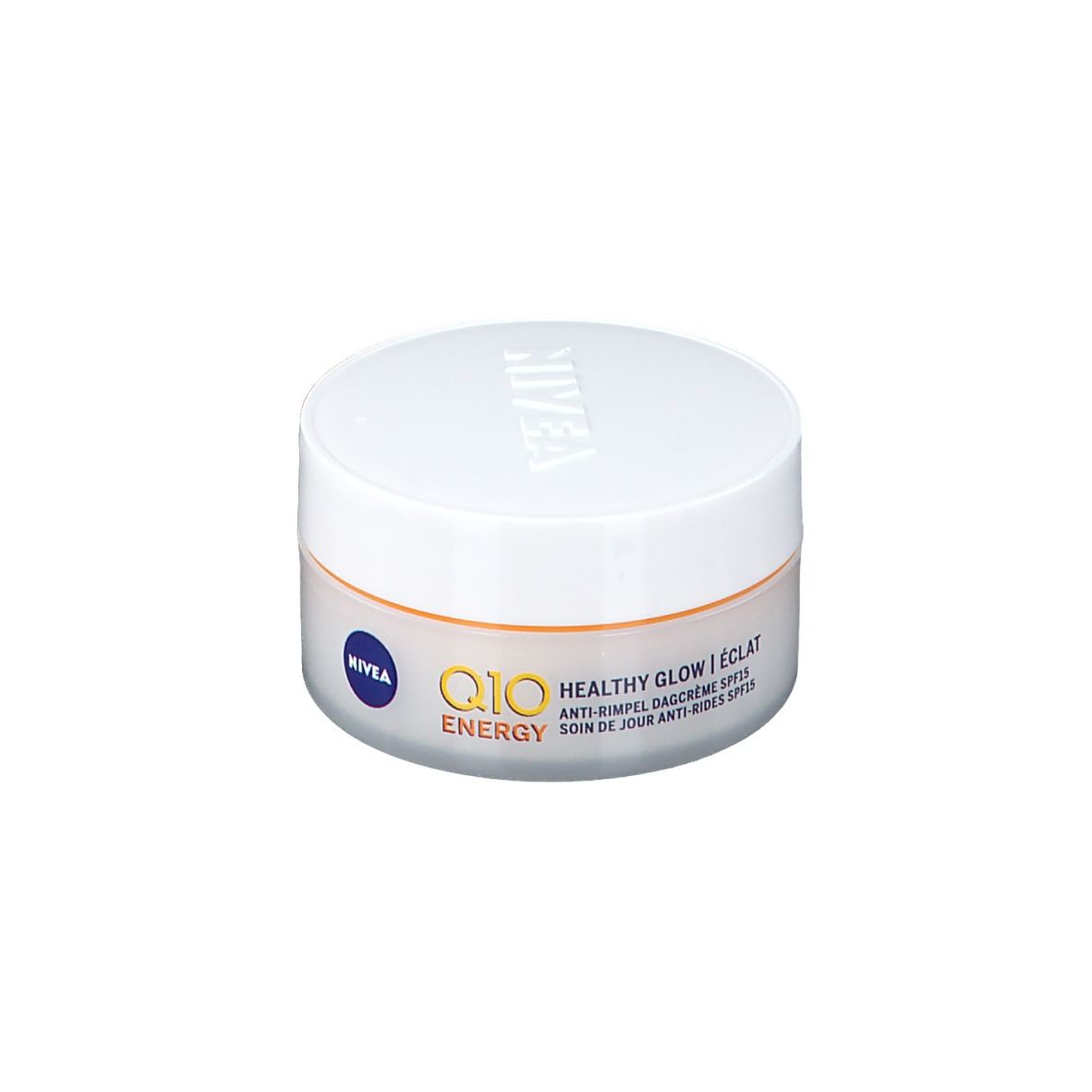 NIVEA Q10 Energy Crema Giorno Anti-rughe SPF15 in vasetto bianco.