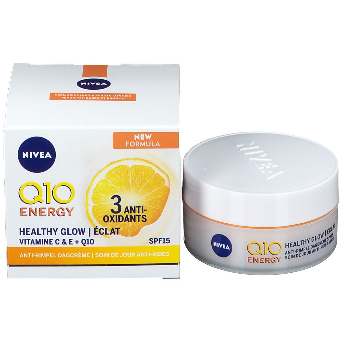 Crema giorno NIVEA Q10 Energy con confezione e vasetto.