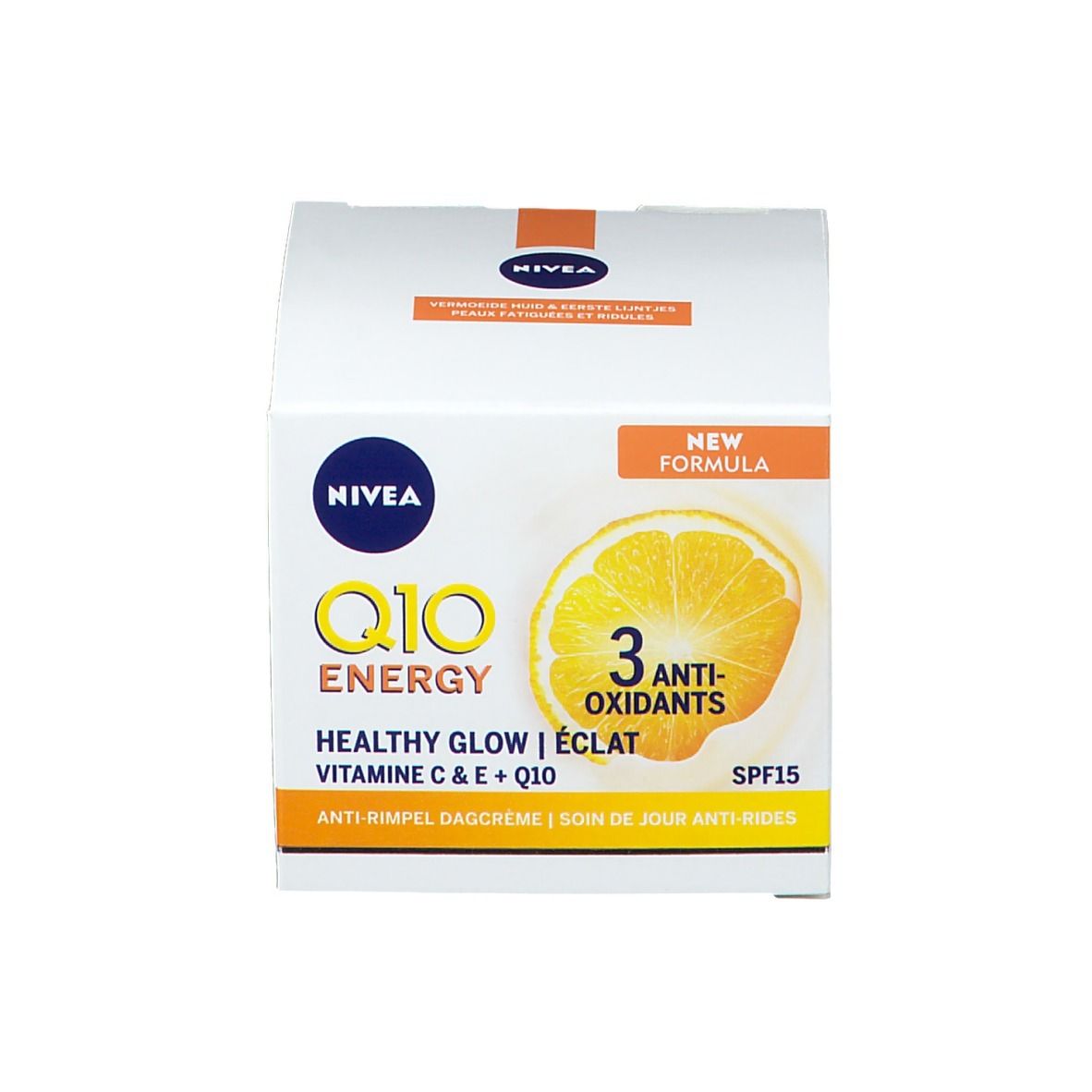 Confezione NIVEA Q10 Energy con fetta d'arancia e "New Formula".