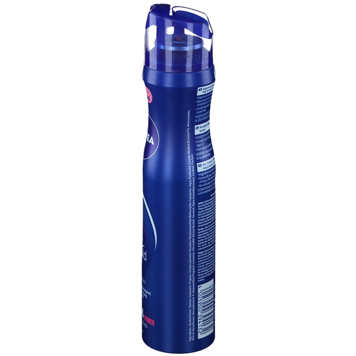 Vista laterale di flacone spray blu NIVEA Care & Hold. Testo sul retro.