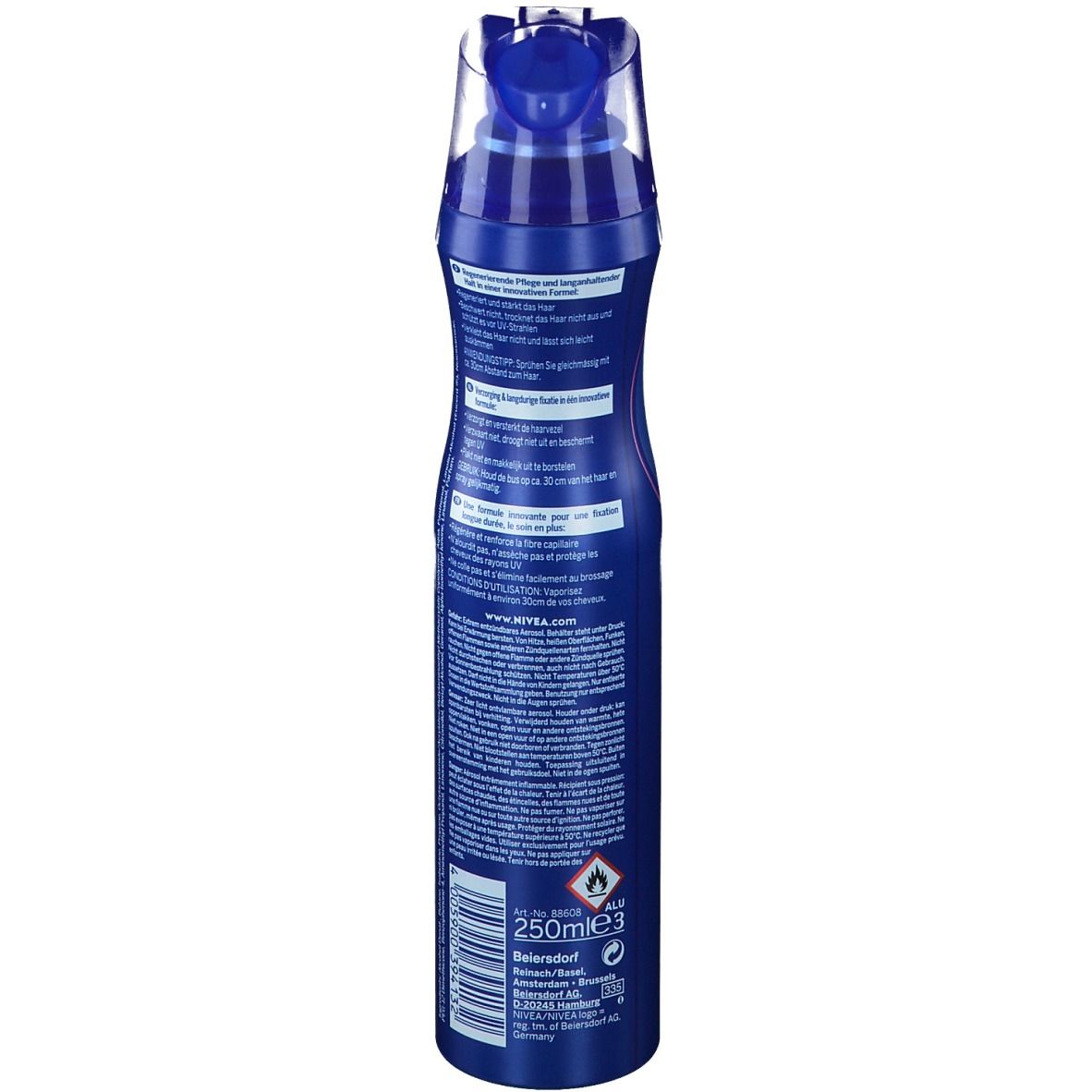 Retro del flacone spray blu NIVEA Care & Hold. Testo e loghi.