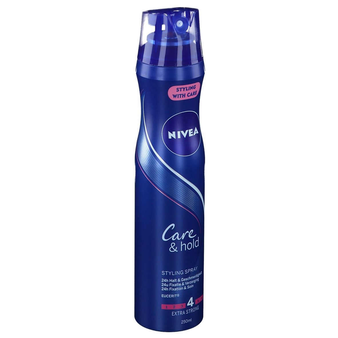 Flacone spray blu NIVEA Care & Hold. Extra Strong 4. 250ml. Vista frontale.