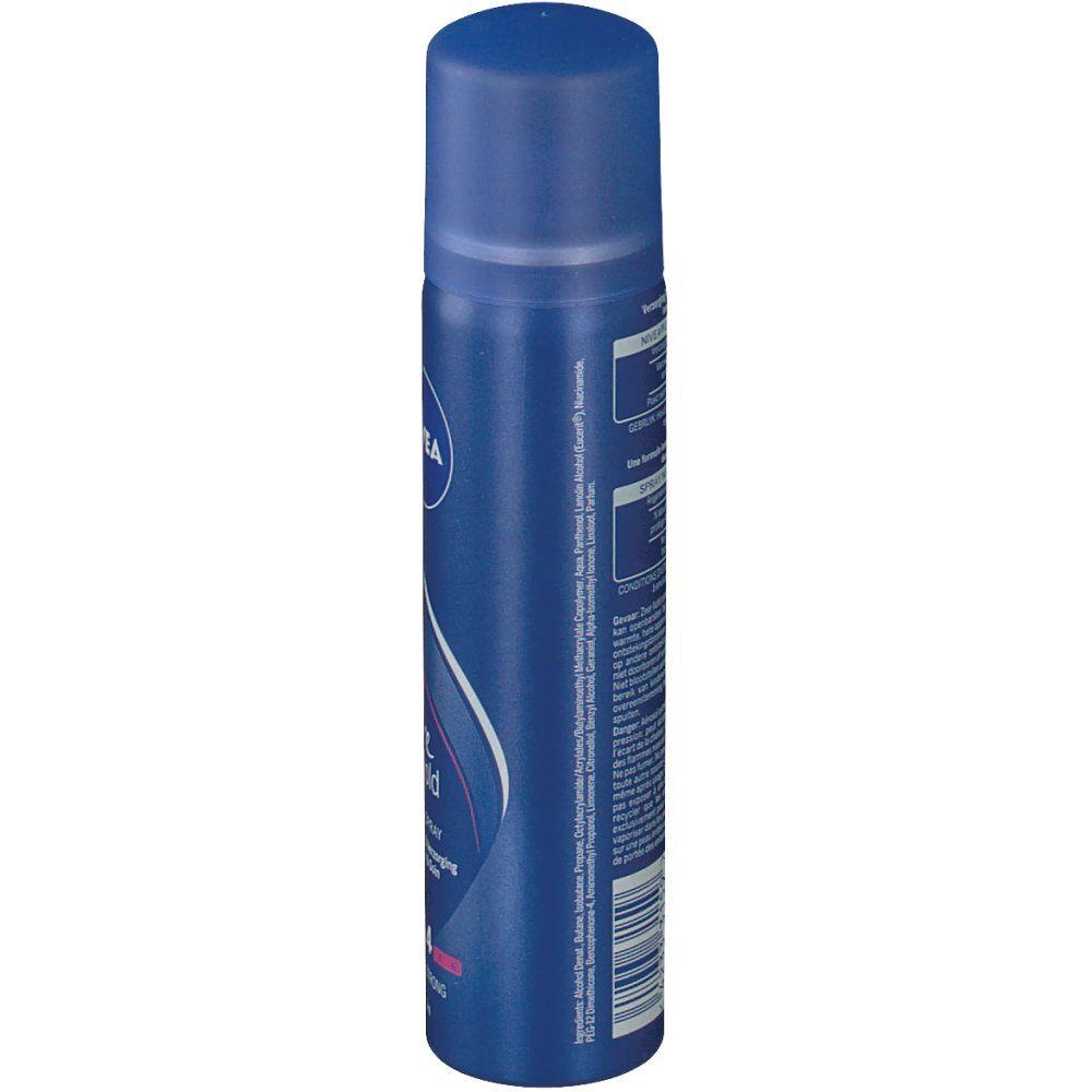 Flacone spray blu con logo Nivea. Retro con testo e codice a barre. 75ml.
