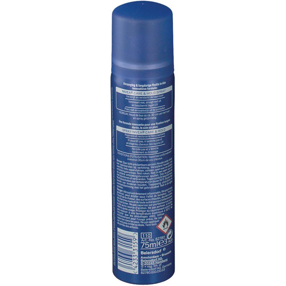 Flacone spray blu con testo e codice a barre. 75ml. Avvertenza: facilmente infiammabile.