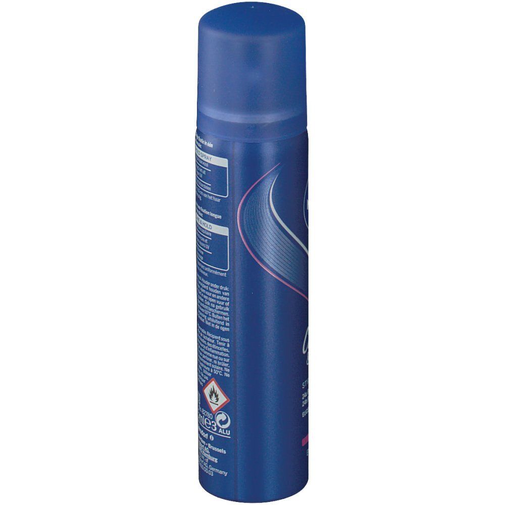 Flacone spray blu con testo e logo. Avvertenza: facilmente infiammabile. 75ml.