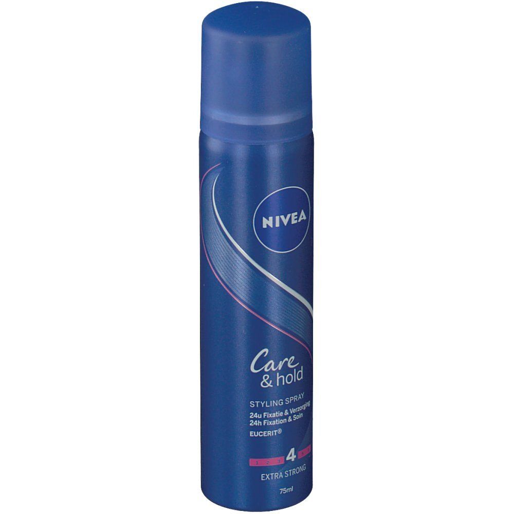 Flacone spray blu con logo Nivea e scritta Care & Hold. Extra forte, 75ml.
